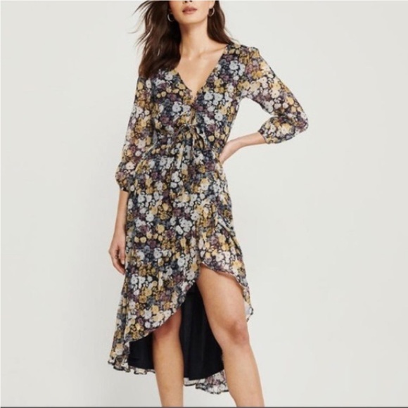 Abercrombie & Fitch Cut-Out Black Floral High-Low Midi Dress Size Small - Picture 2 of 15